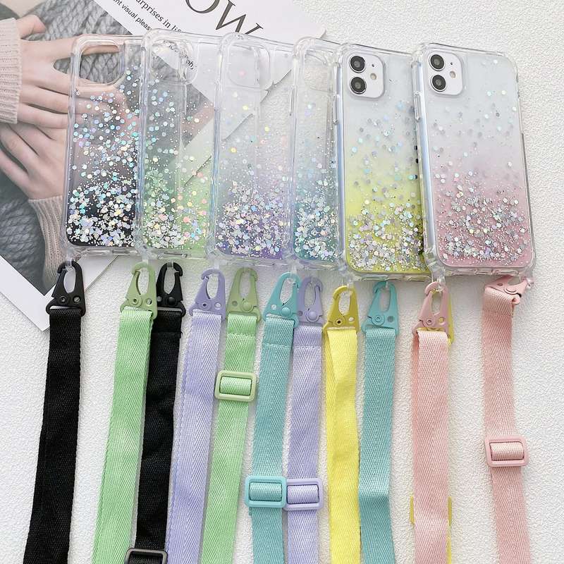 For iPhone 15 Gradient Glitter Epoxy TPU Thickened Acrylic Phone Case with Wide Lanyard(Purple)