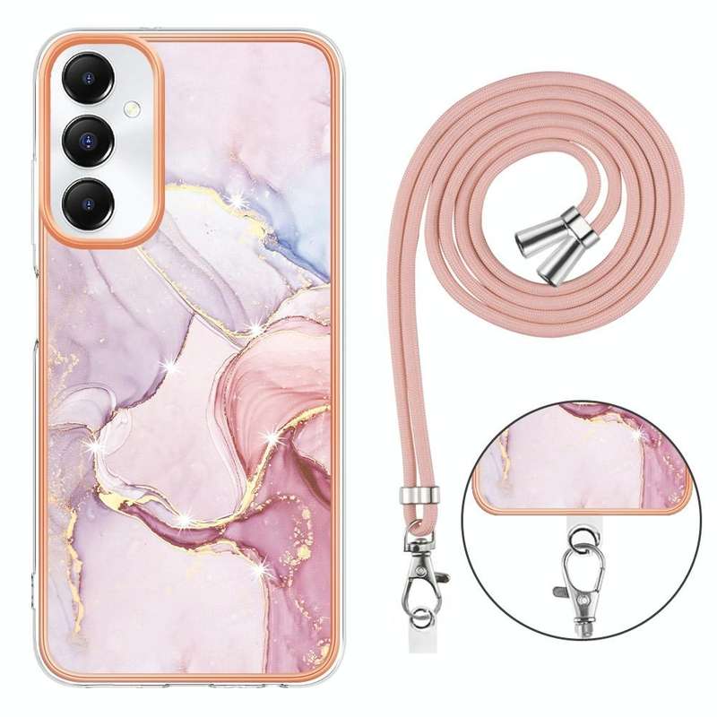 For Samsung Galaxy A05s Electroplating Marble Dual-side IMD Phone Case with Lanyard(Rose Gold 005)