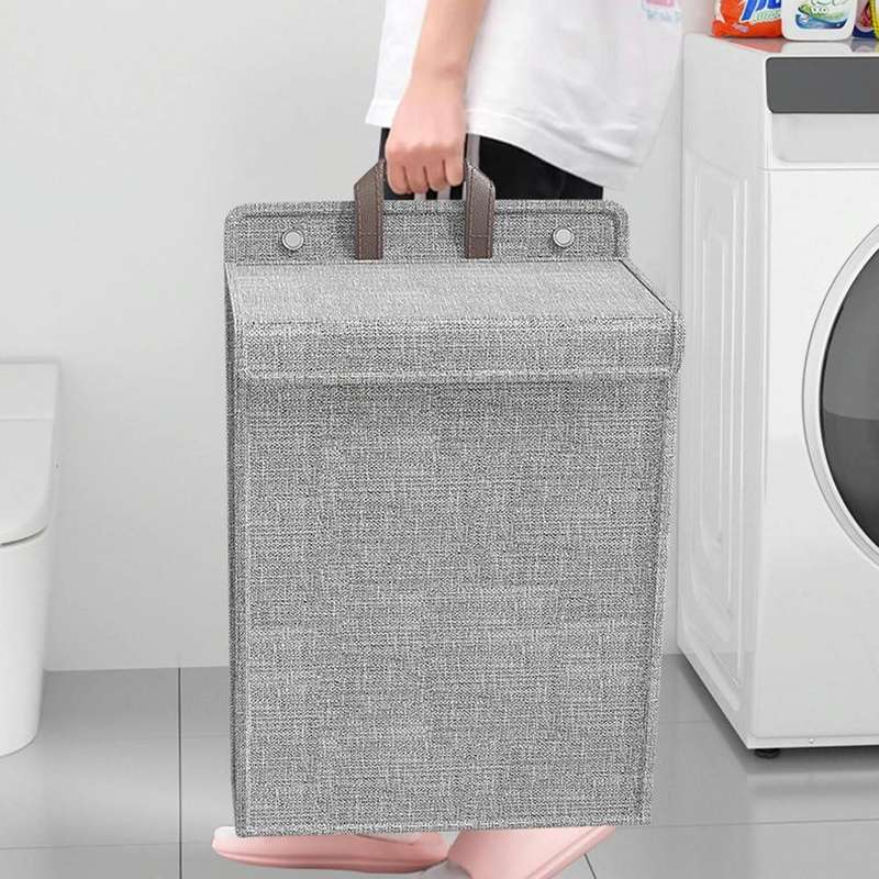 Foldable Hanging Laundry Basket Dirty Clothes Organiser with Lid, Color: Beige 45 x 35 x 10cm