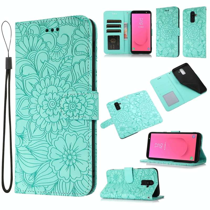 For Samsung Galaxy J8 Skin Feel Embossed Sunflower Horizontal Flip Leather Case with Holder & Car...