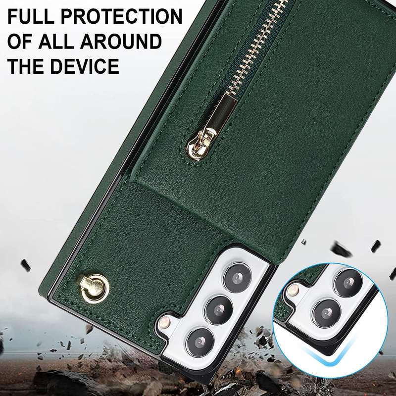 For Samsung Galaxy S21 FE 5G Cross-body Square Zipper Card Holder Bag Phone Case(Green)