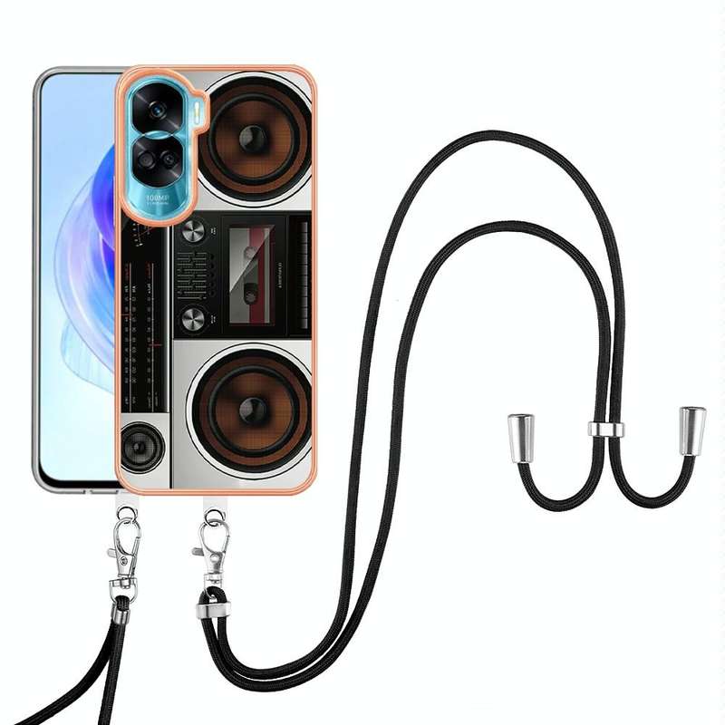 For Honor 90 Lite 5G Electroplating Dual-side IMD Phone Case with Lanyard(Retro Radio)