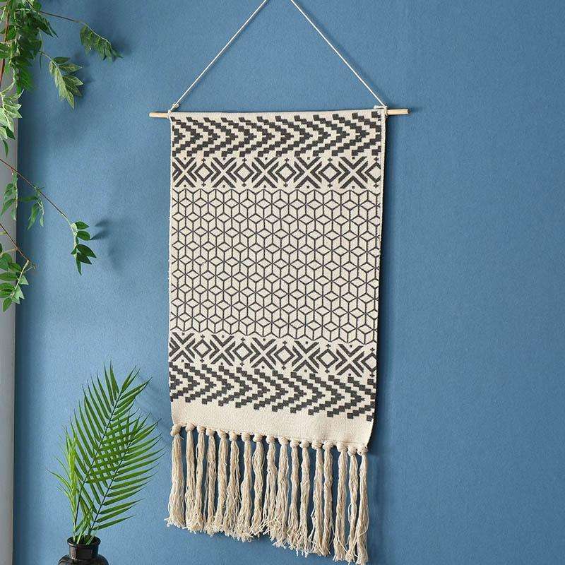 GT001 Printed Tapestry Cotton Thread Woven Tassel Wall Hanging Decoration, Size: 50x70cm(Black Cube)