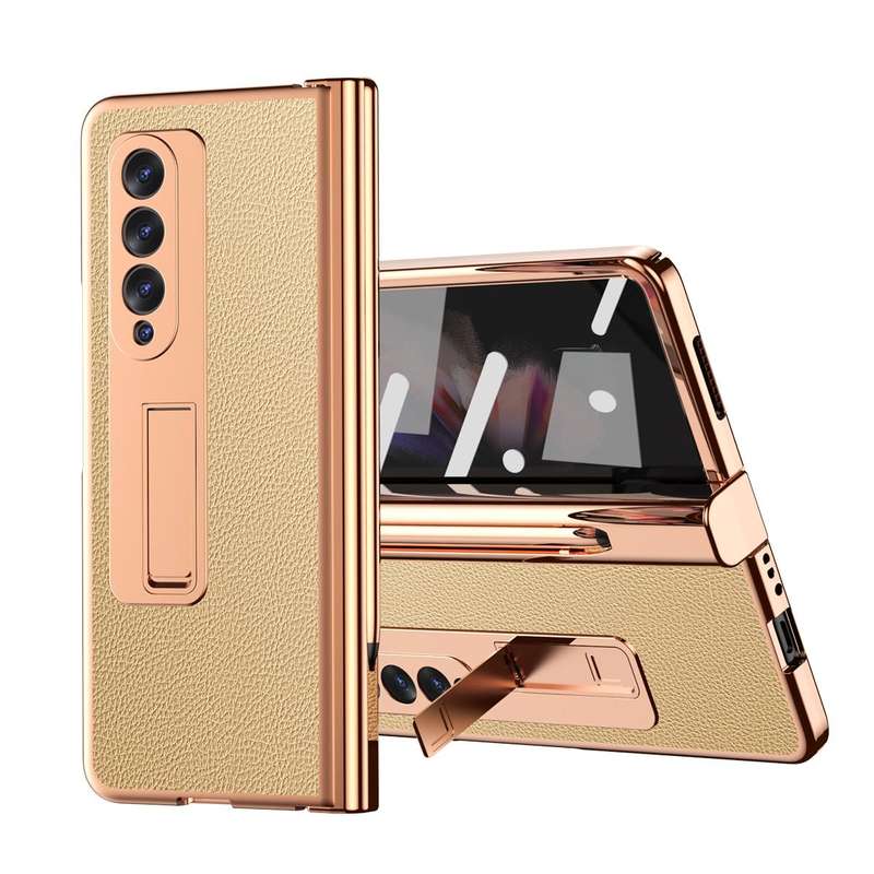For Samsung Galaxy Z Fold3 5G Litchi Texture Leather Hinged Electroplated Phone Case with S Pen F...