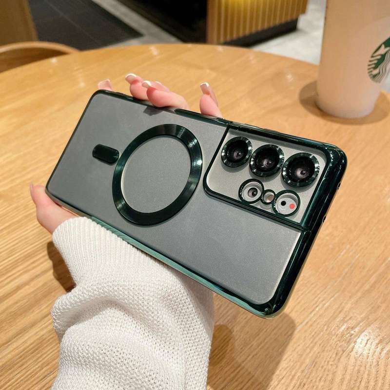 For Samsung Galaxy S21 Ultra 5G Electroplated Frame MagSafe Magnetic Phone Case(Dark Green)