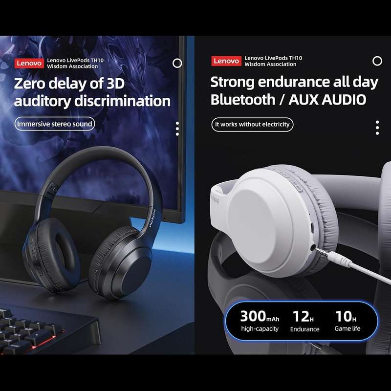 Lenovo TH10 Wireless Bluetooth Gaming Bass Music Sports Noise-cancelling Headphone(White)