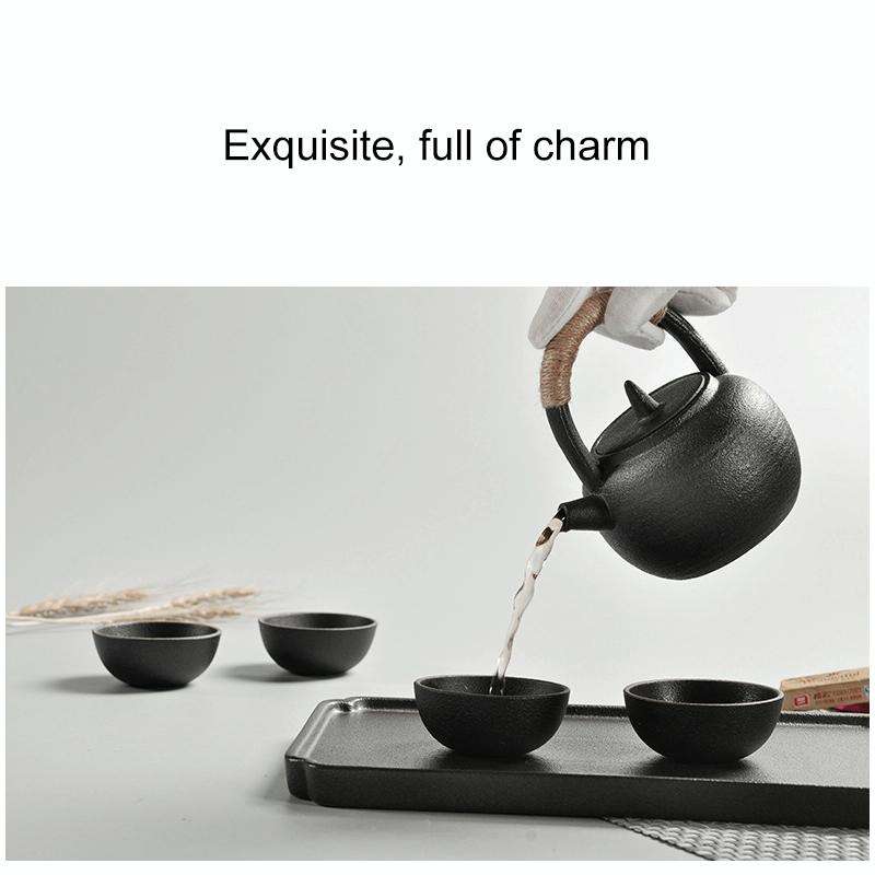 Portable Travel Ceramics Loop Handle Pot Teapot Teacup Set with Tea Tray(Black)