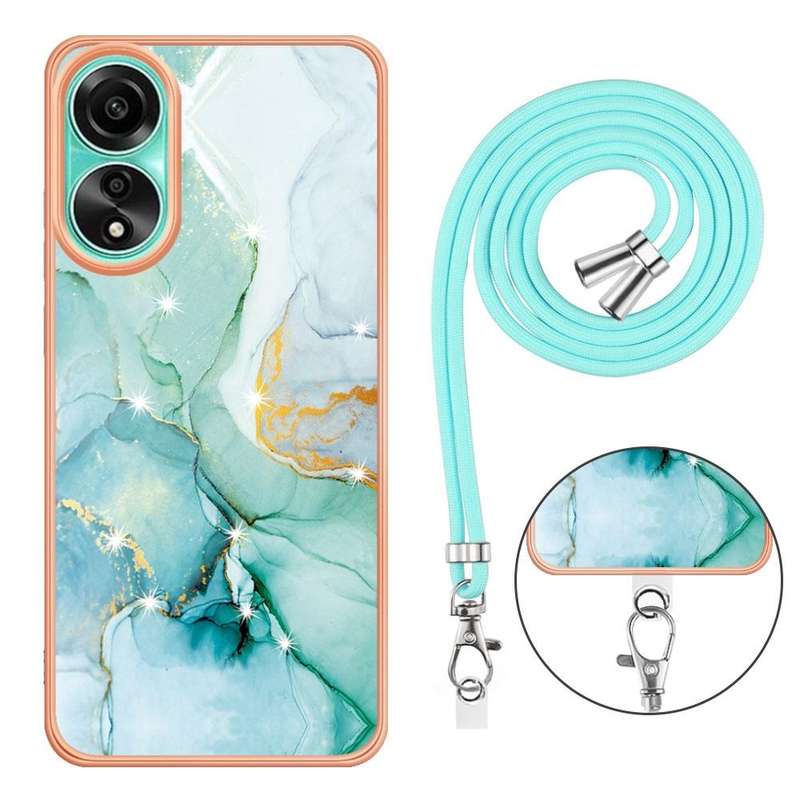 For OPPO A78 4G Electroplating Marble Dual-side IMD Phone Case with Lanyard(Green 003)