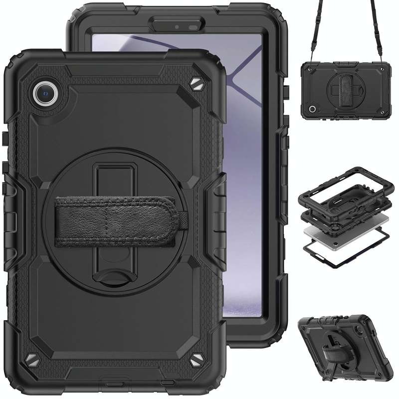 For Samsung Galaxy Tab A9 Silicone + PC Tablet Case with Shoulder Strap(Black)