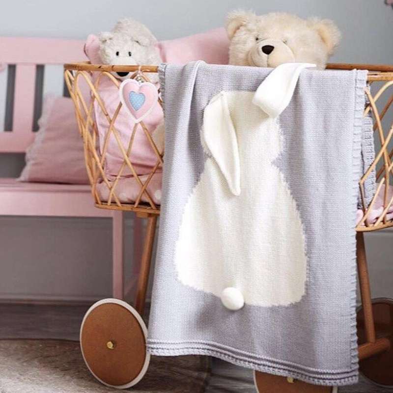Rabbit Pattern Stereoscopic Ears Baby Knitted Blanket(Grey)
