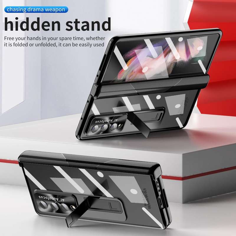 For Samsung Galaxy Z Fold3 5G Magnetic Hinges Plating Phone Case with Holder(Black)