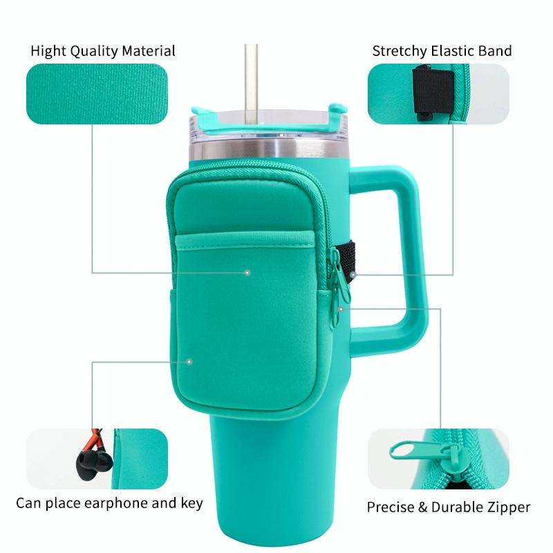 Water Cup Sided Storage Pockets With Zipper Fit For 40Oz Tumbler(Double Pocket-Green)
