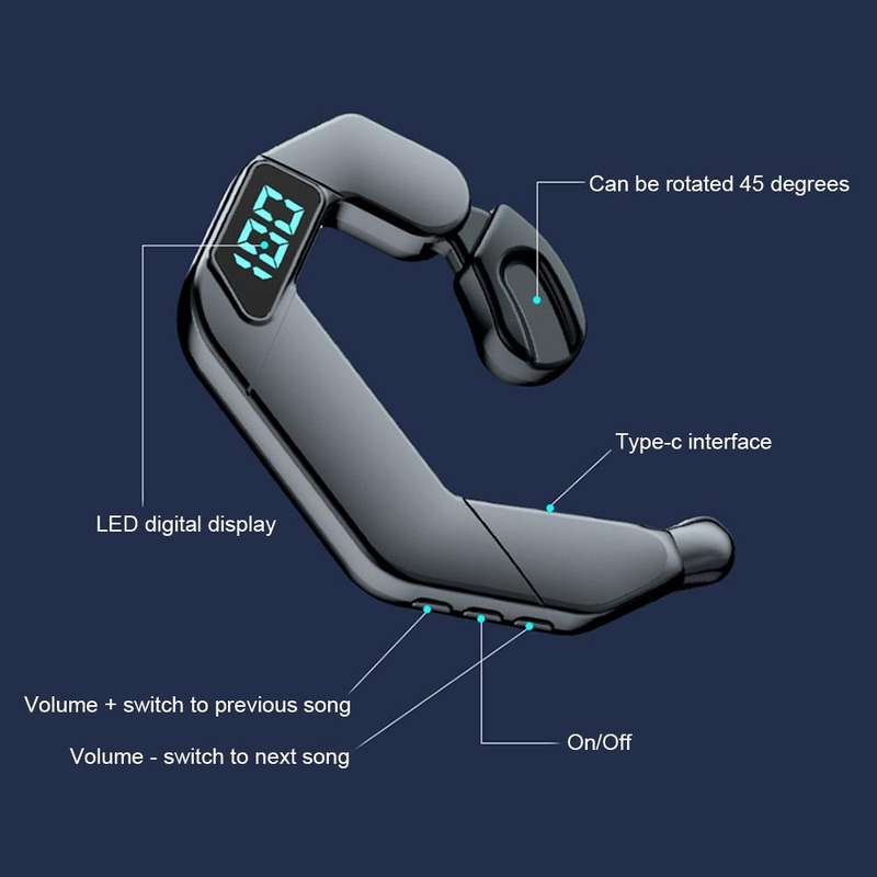 V19 Bone Conduction Digital Display Stereo Hanging Ear Sports Bluetooth Headset(Black)