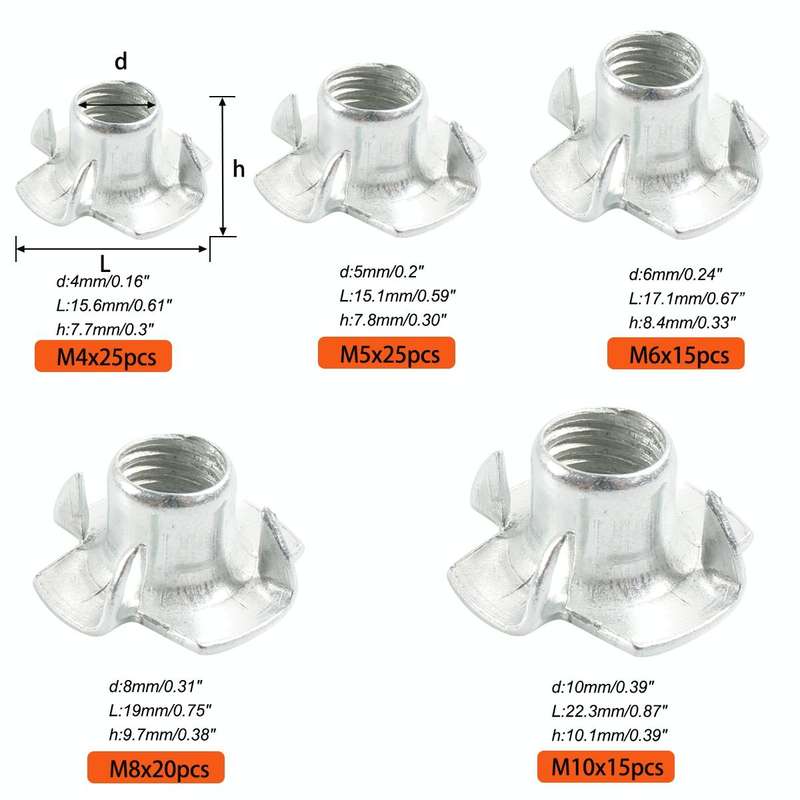 100pcs / Pack Carbon Steel Fastening 4 Pronged Tee Blind Nuts Assortment Kit(Silver)