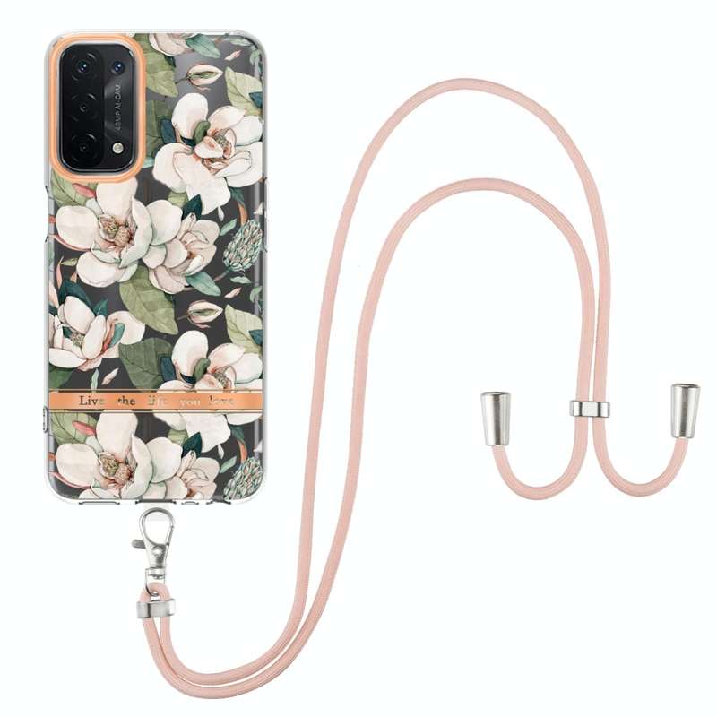 For OPPO A74 5G / A93 5G / A54 5G / A93S 5G Flowers Series TPU Phone Case with Lanyard(Green Gard...
