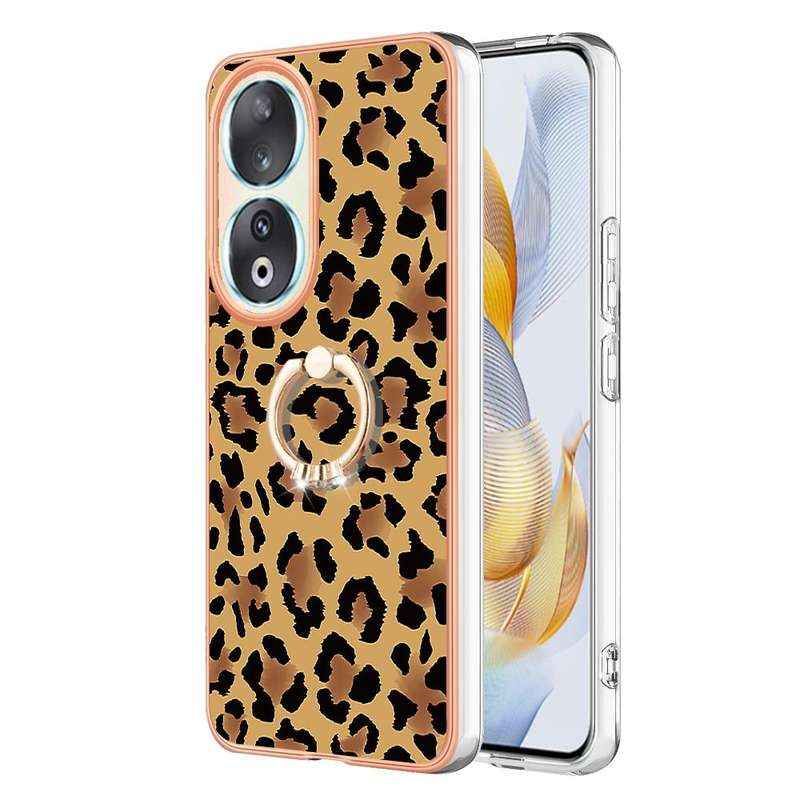 For Honor 90 5G Electroplating Dual-side IMD Phone Case with Ring Holder(Leopard Print)