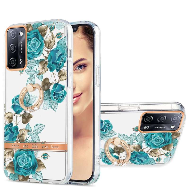 For OPPO A55 5G / A54 4G / A53S 5G / A16 / A54S 4G Ring IMD Flowers TPU Phone Case(Blue Rose)