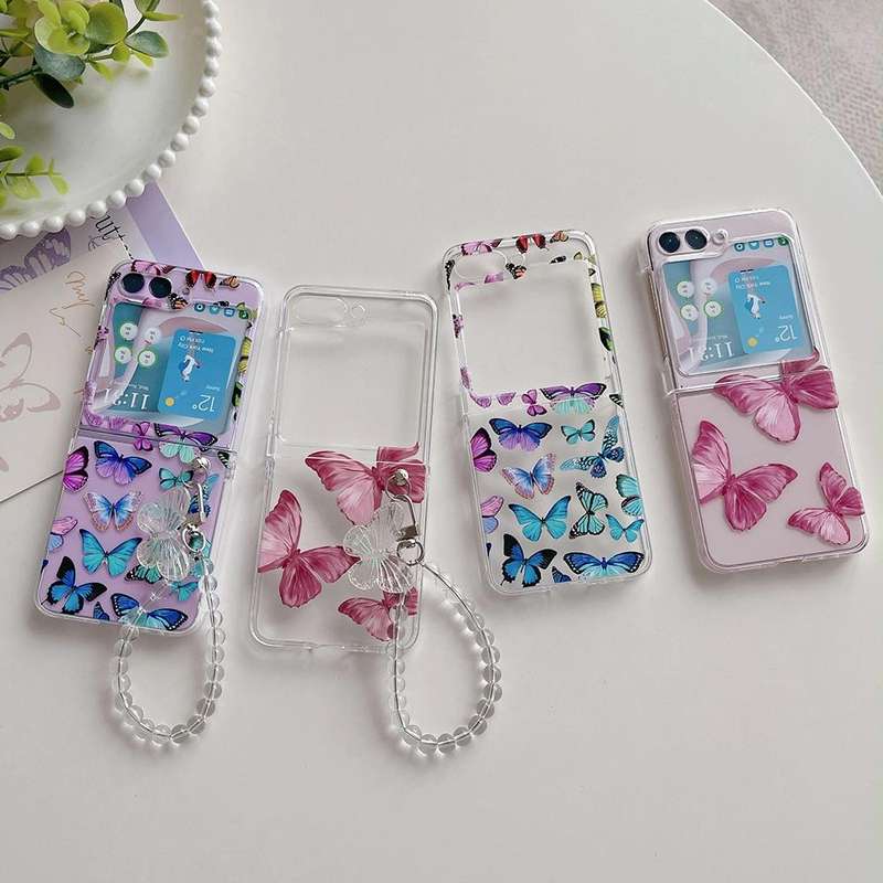 For Samsung Galaxy Z Flip5 Painted Pattern PC Transparent Folding Phone Case(Z57 Pink Butterfly)