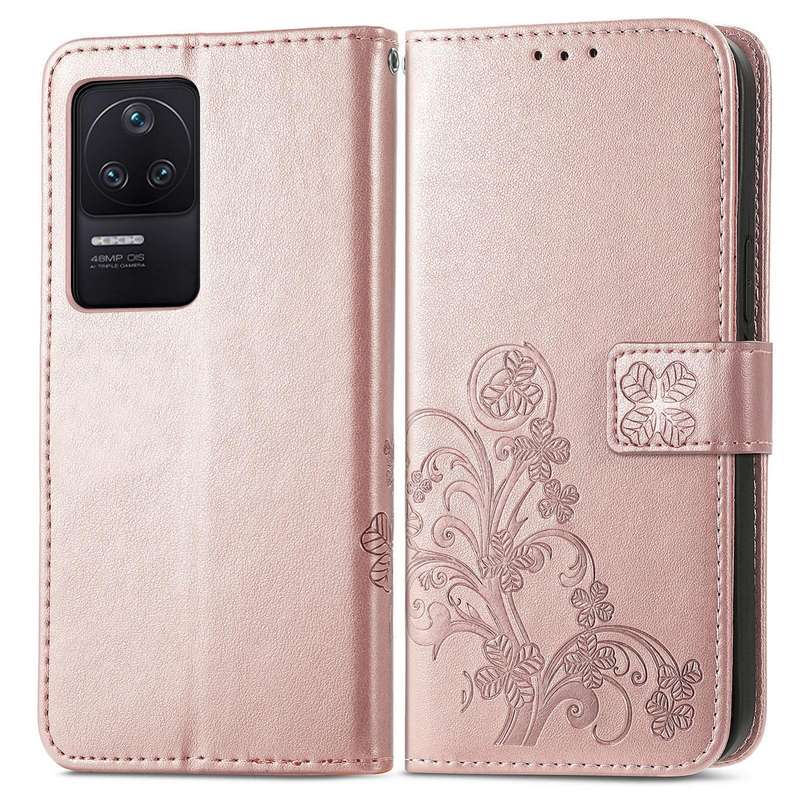 For Xiaomi Redmi K40S Four-leaf Clasp Embossed Buckle Leather Phone Case(Rose Gold)