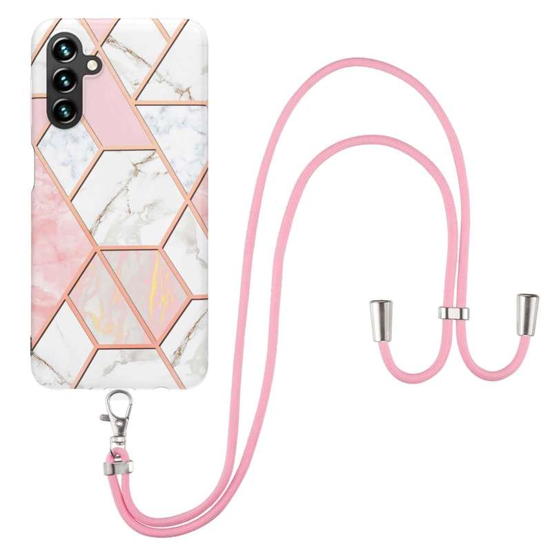 For Samsung Galaxy A54 5G Electroplating IMD Splicing Dual-side Marble TPU Phone Case with Lanyar...