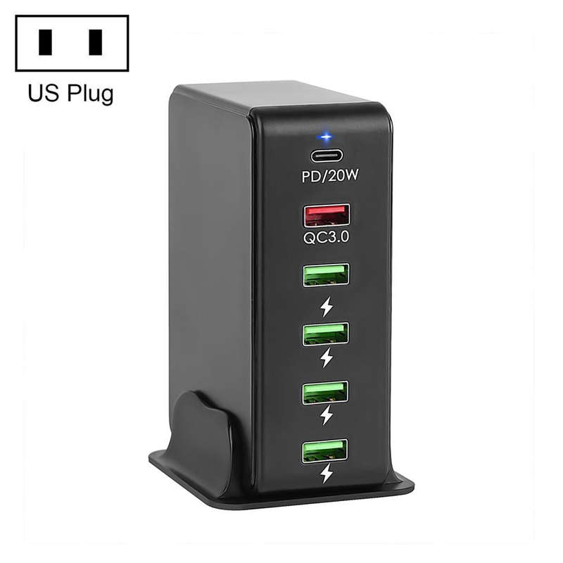 6 in 1 65W PD USB-C / Type-C + QC 3.0 USB + 4 USB Multi-port Travel Charger, US Plug(Black)
