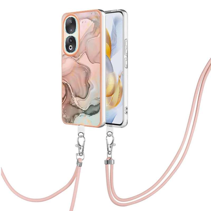 For Honor 90 5G Electroplating Marble Dual-side IMD Phone Case with Lanyard(Rose Gold 015)