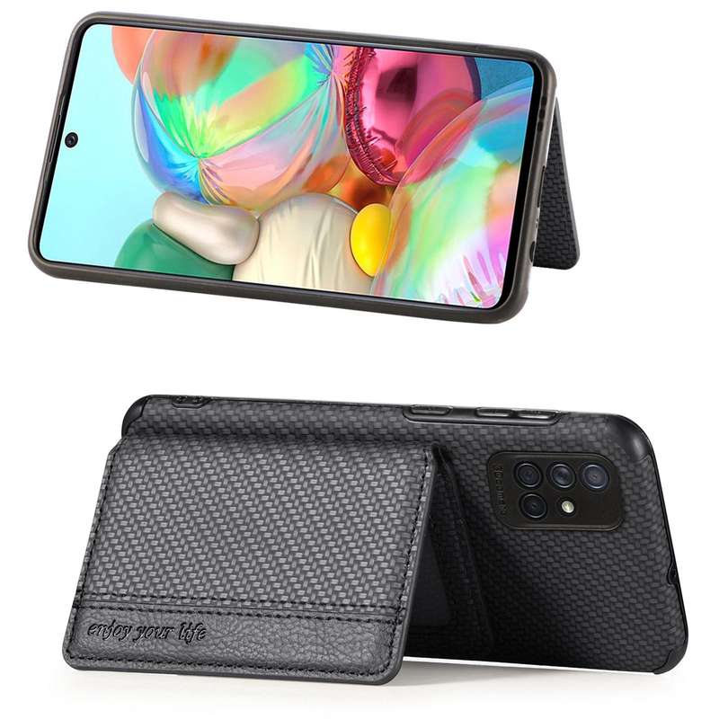 For Samsung Galaxy A71 5G Carbon Fiber Magnetic Card Bag TPU+PU Shockproof Back Cover Case with H...