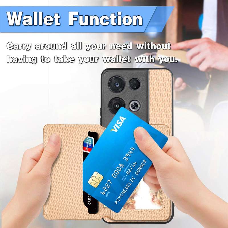 For OPPO Reno 8 Pro Carbon Fiber Magnetic Card Bag Phone Case(Khaki)