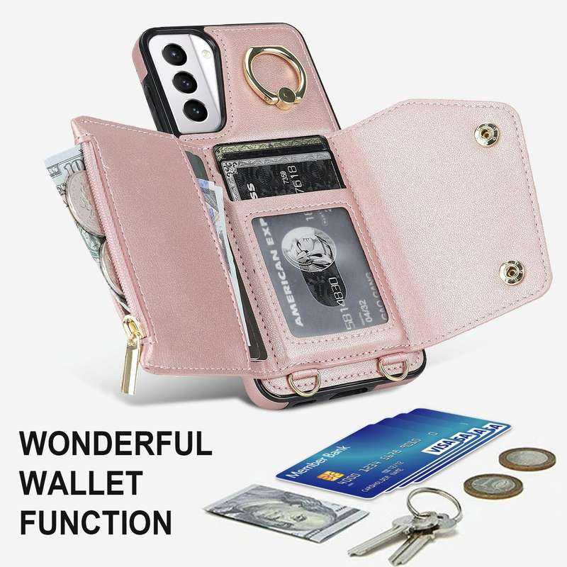 For Samsung Galaxy S21 5G Zipper Card Bag Phone Case with Dual Lanyard(Rose Gold)