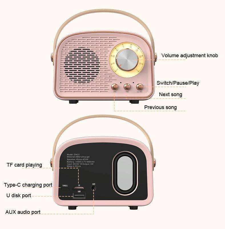 DW21 Vintage Radio BT Speaker Support TF Card/U Disk to Play(Pink)