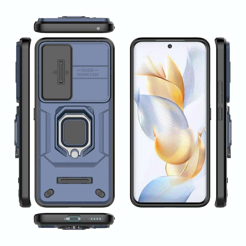 For Honor 90 5G Sliding Camshield TPU + PC Shockproof Phone Case with Holder(Blue)