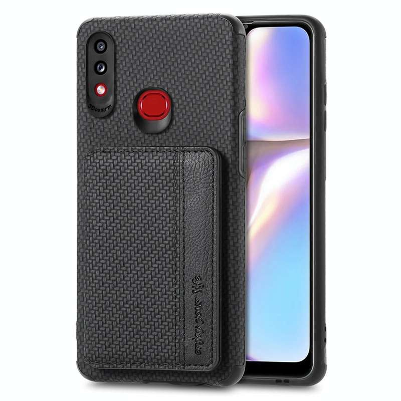 For Samsung Galaxy A10S Carbon Fiber Magnetic Card Bag TPU+PU Shockproof Back Cover Case with Hol...