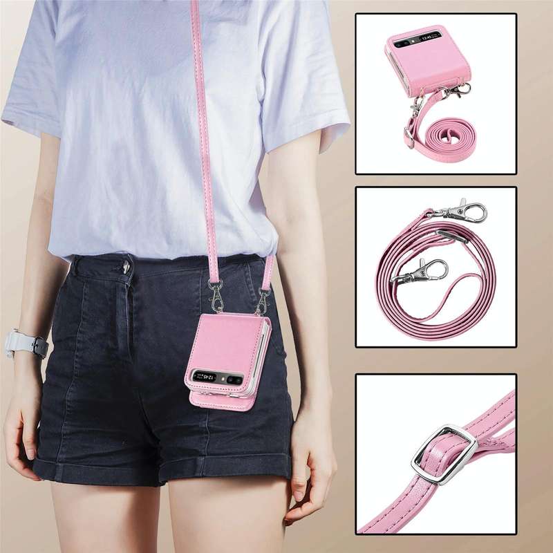 For Samsung Galaxy Z Flip 5G Diagonal Lanyard Embossed Card Phone Case(Pink)
