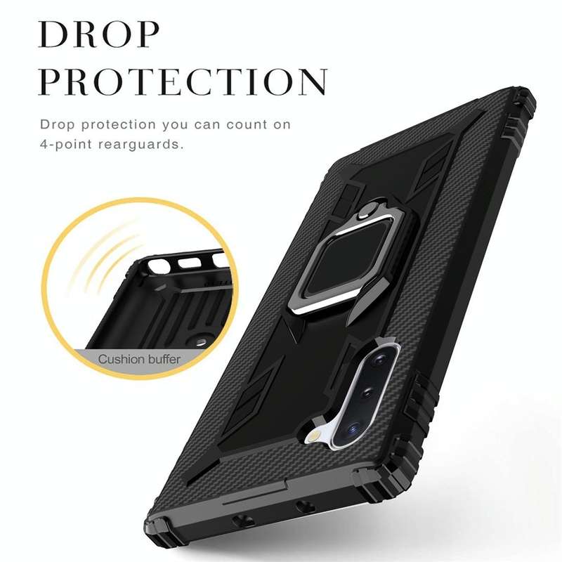For Galaxy Note 10 Carbon Fiber Protective Case with 360 Degree Rotating Ring Holder(Black)
