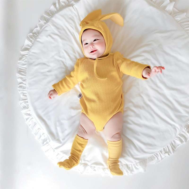 3 in 1 Autumn Baby Rabbit Shaped Cotton Pit Strip Lycra Romper with Hat & Socks Set (Color:Yellow...