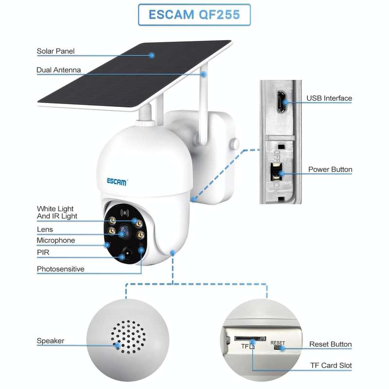 ESCAM QF255 2.0 Million Pixels 1080P HD WiFi Solar Camera, Support Two-way Voice & PIR Motion Det...
