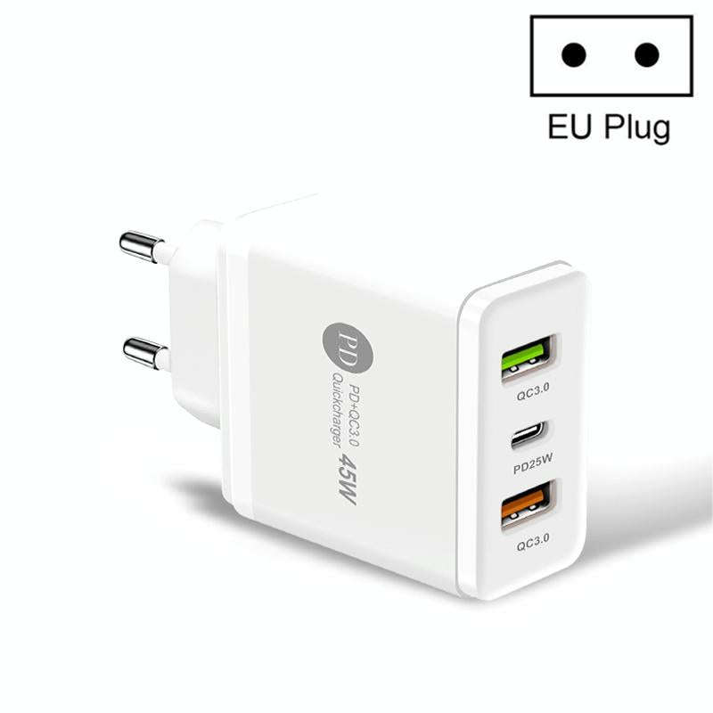 45W PD3.0 + 2 x QC3.0 USB Multi Port Quick Charger, EU Plug(White)