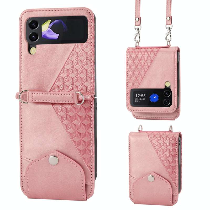 For Samsung Galaxy Z Flip4 Cubic Grid Calf Texture Leather Phone Case with Neck Lanyard(Brown)