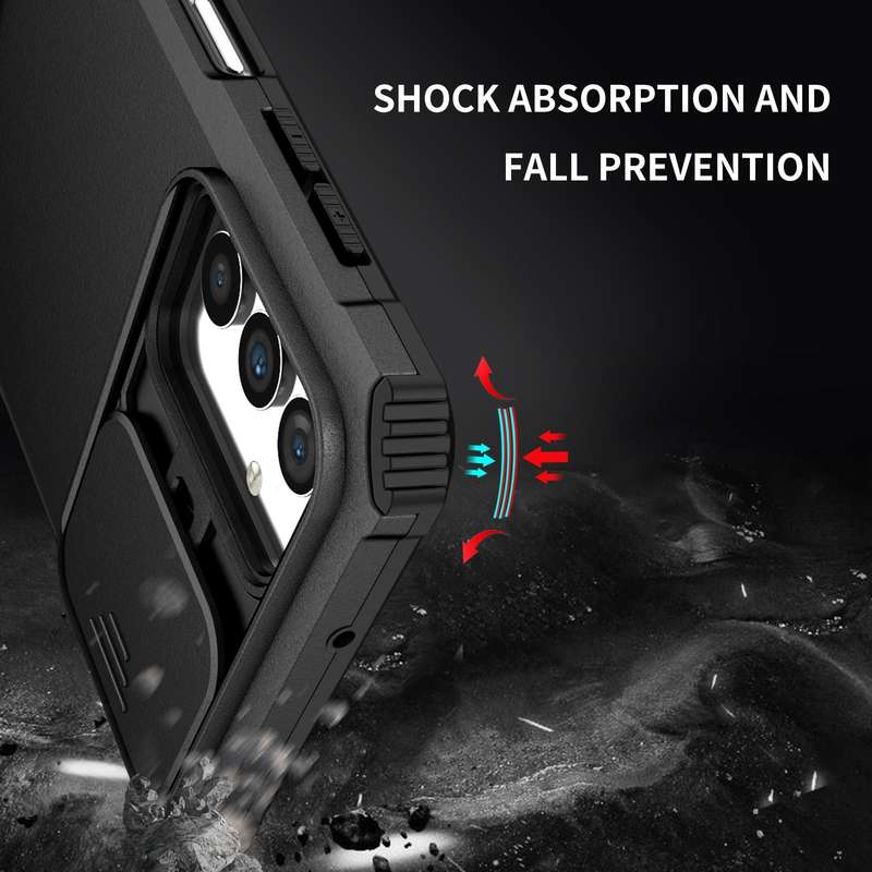 For Samsung Galaxy A13 Stereoscopic Holder Sliding Camshield Phone Case(Black)