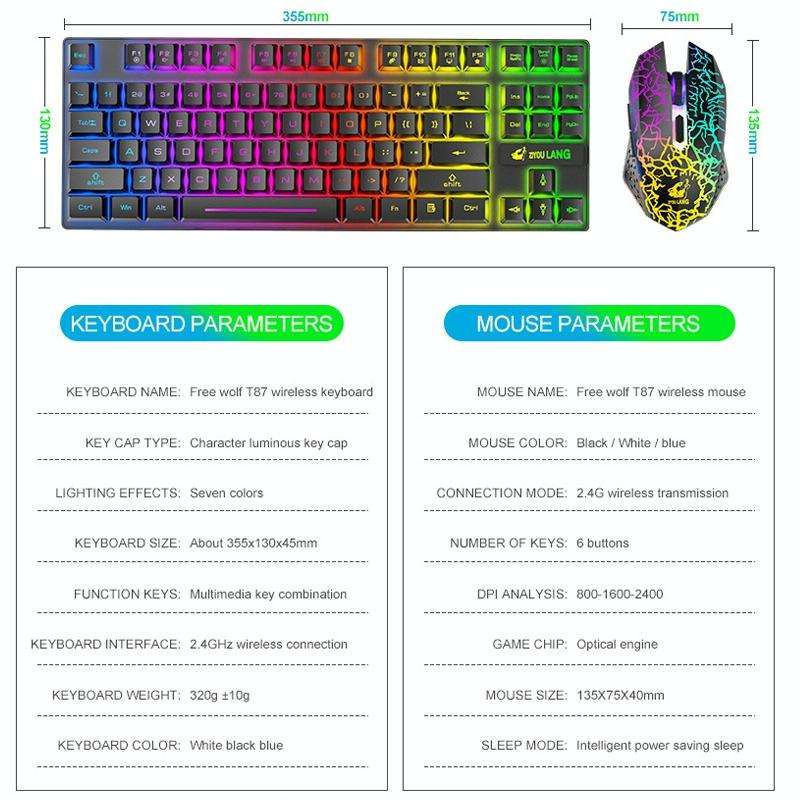 ZIYOU LANG T87 Gaming Luminous Wireless Keyboard and Mouse Set(Black)