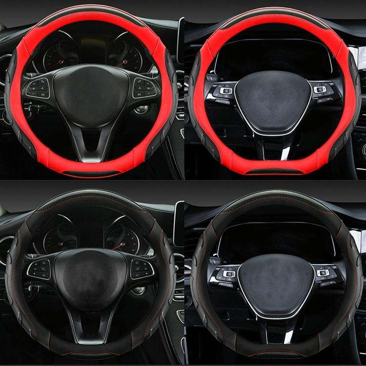 Leather Carbon Fiber Stitching Car Steering Wheel Set, Diameter: 38cm(Black Red Round)