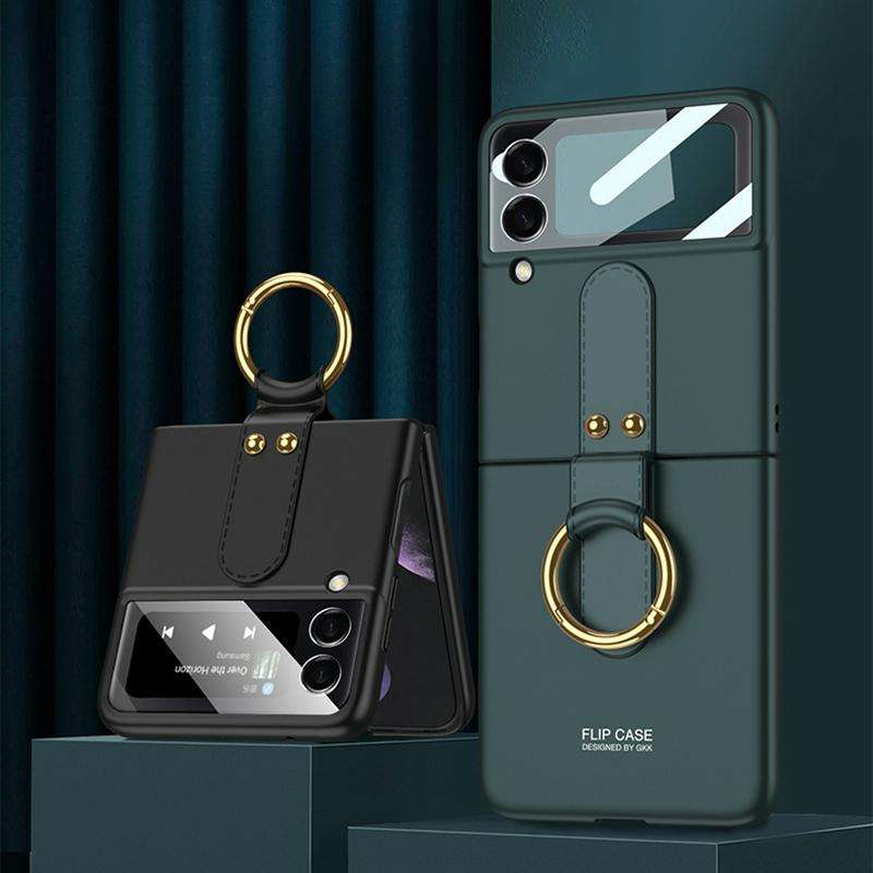 For Samsung Galaxy Z Flip4 GKK Ultra-thin PC Full Coverage Phone Flip Case with Ring Holder(Dark ...