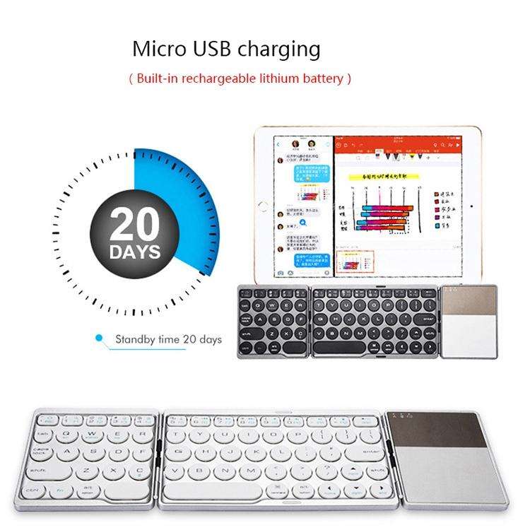 B052 Universal Round Keycap Mini Three-fold Bluetooth Wireless Keyboard with Touchpad (Silver)