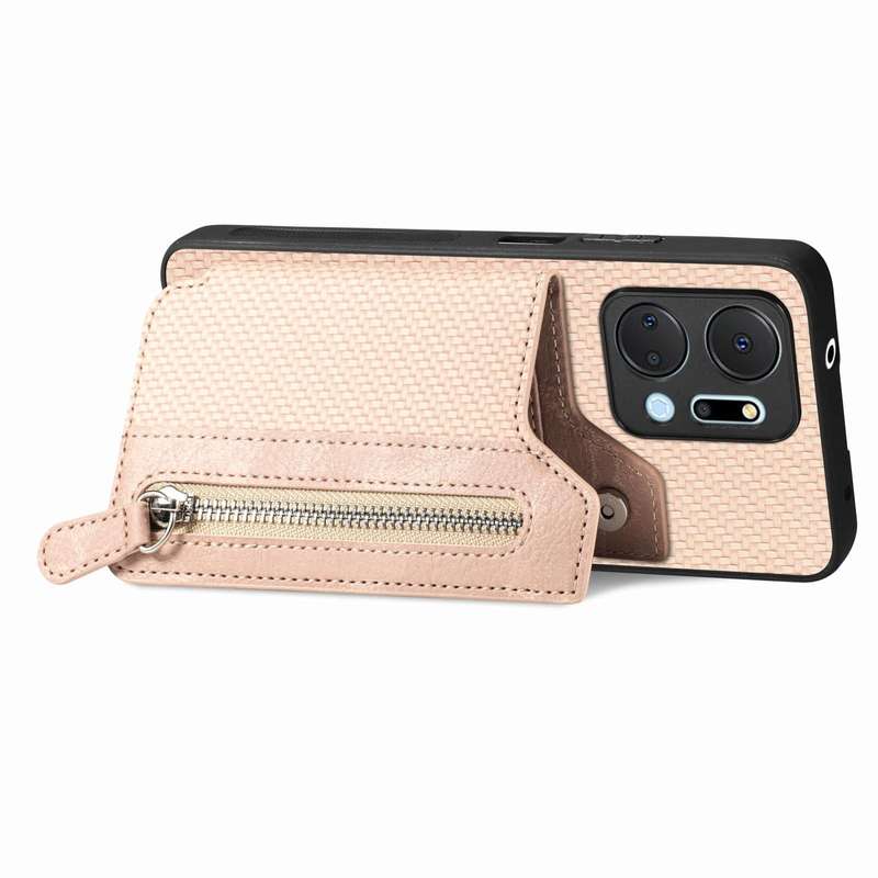 For Honor X7A Carbon Fiber Horizontal Flip Zipper Wallet Phone Case(Khaki)