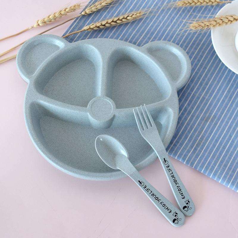 3 PCS/Set Baby Bowl+Spoon+Fork Feeding Food Tableware Cartoon Bear Kids Dishes Eating Dinnerware(...