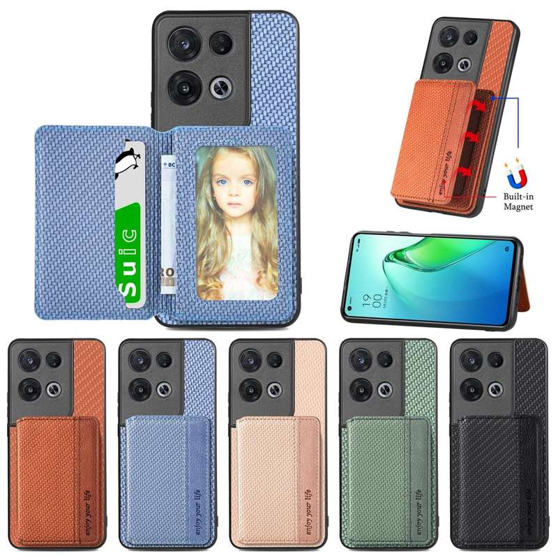 For OPPO Reno 8 Pro Carbon Fiber Magnetic Card Bag Phone Case(Khaki)