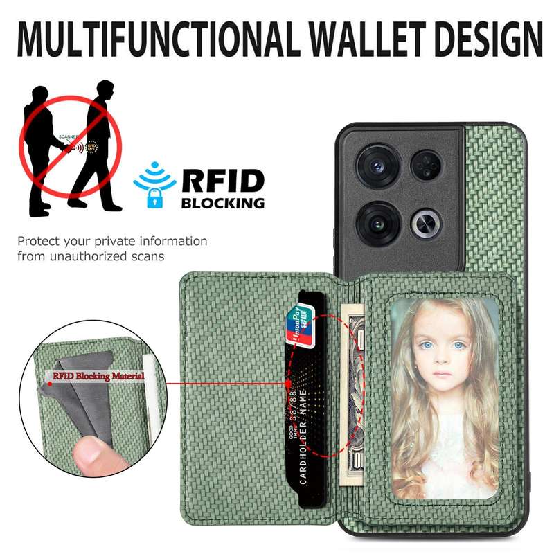 For OPPO Reno 8 Pro Carbon Fiber Magnetic Card Bag Phone Case(Khaki)