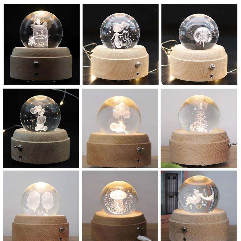 Girl Bedside Lamp Crystal Ball Wooden Base Music Box Charging Glow Rotating Night Light, Random M...
