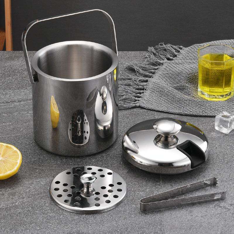 304 Stainless Steel Ice Bucket Double-Layer Hollow Bar Beer Wine Barrel With Ice Clip, Capacity: ...
