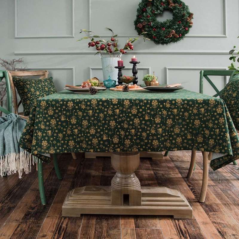 Linen Cotton Christmas Party Tablecloth Rectangle Bronzing Dinning Table Cover, Size:90x90cm(Green)